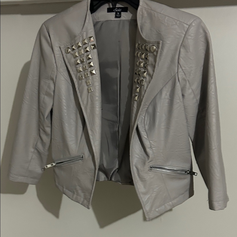 Studded Light Gray Faux Leather Jacket - Women
